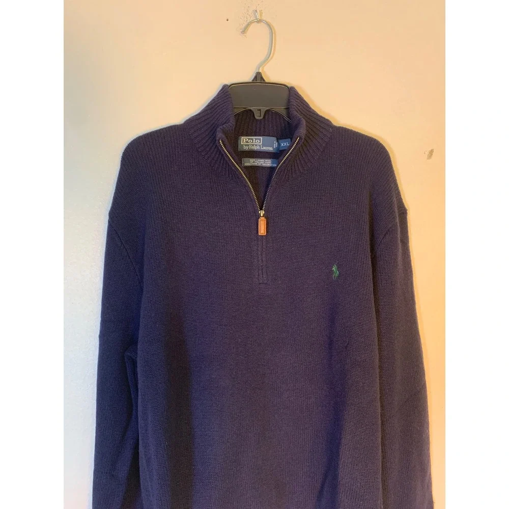 Polo Ralph‎ Lauren XXL Quarter-Zip Navy Blue Lambswool Leather Pull Sweater